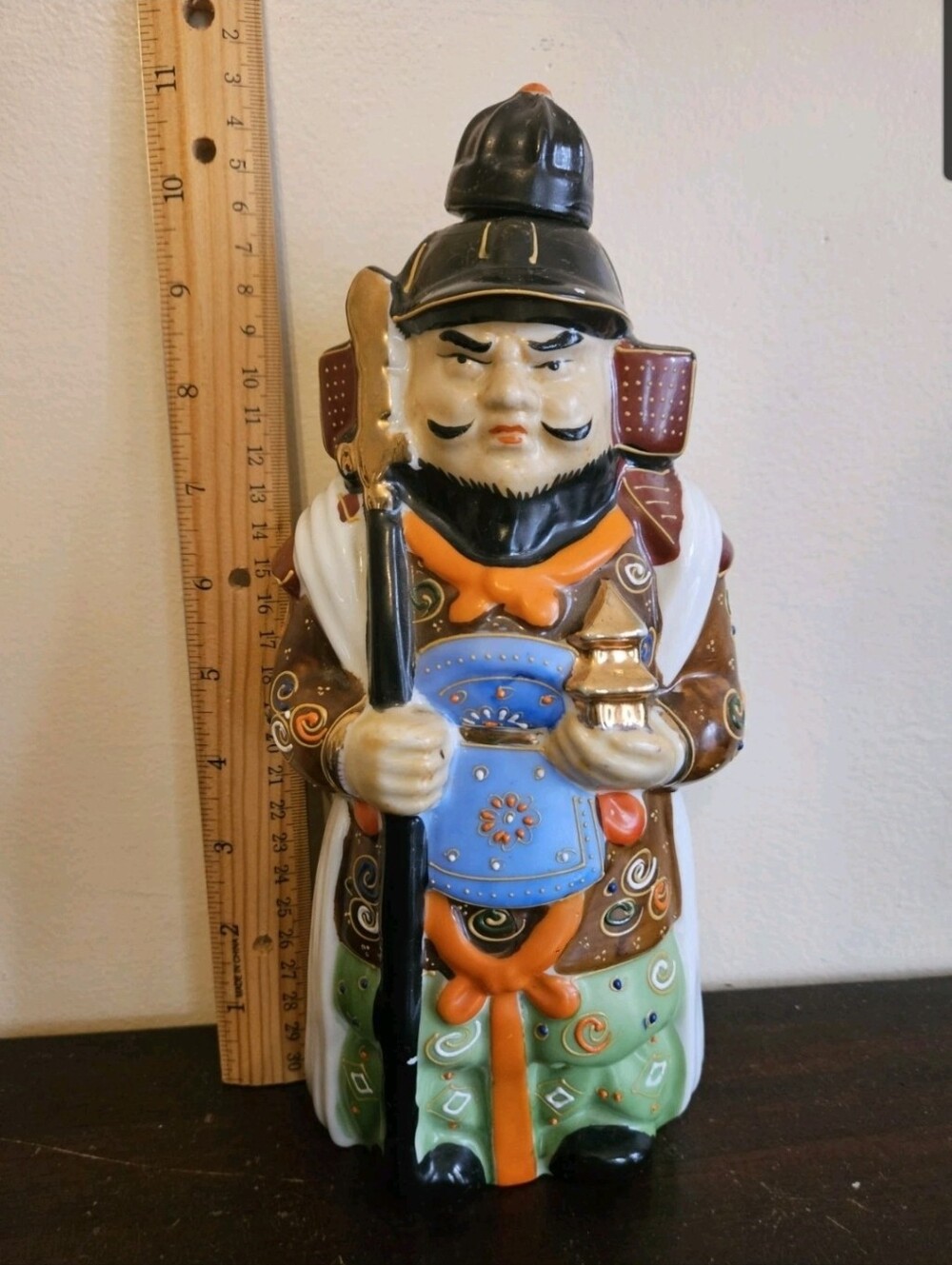 Vtg Kamotsuru Sake Decanter Japanese Porcelain Samurai Bishamonten Statue. 1960s